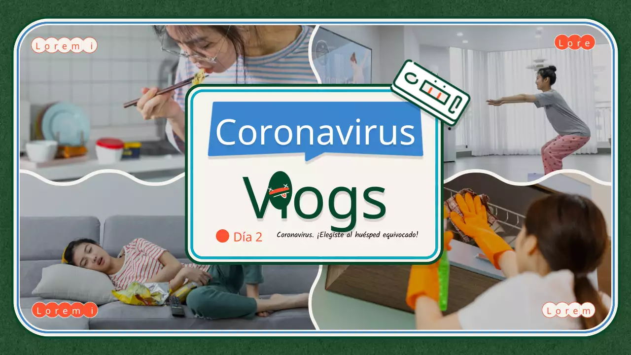 Cuarentena vlog en un diseño de cuadrante con el título en verde y azul claro destacando