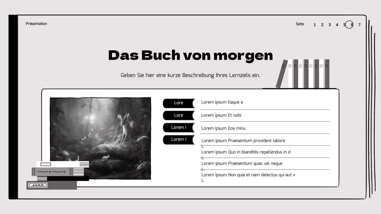 Buchbesprechung im Klassenzimmer mit hervorgehobenen Illustrationen in Beige und Schwarz