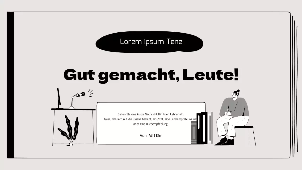 Buchbesprechung im Klassenzimmer mit hervorgehobenen Illustrationen in Beige und Schwarz