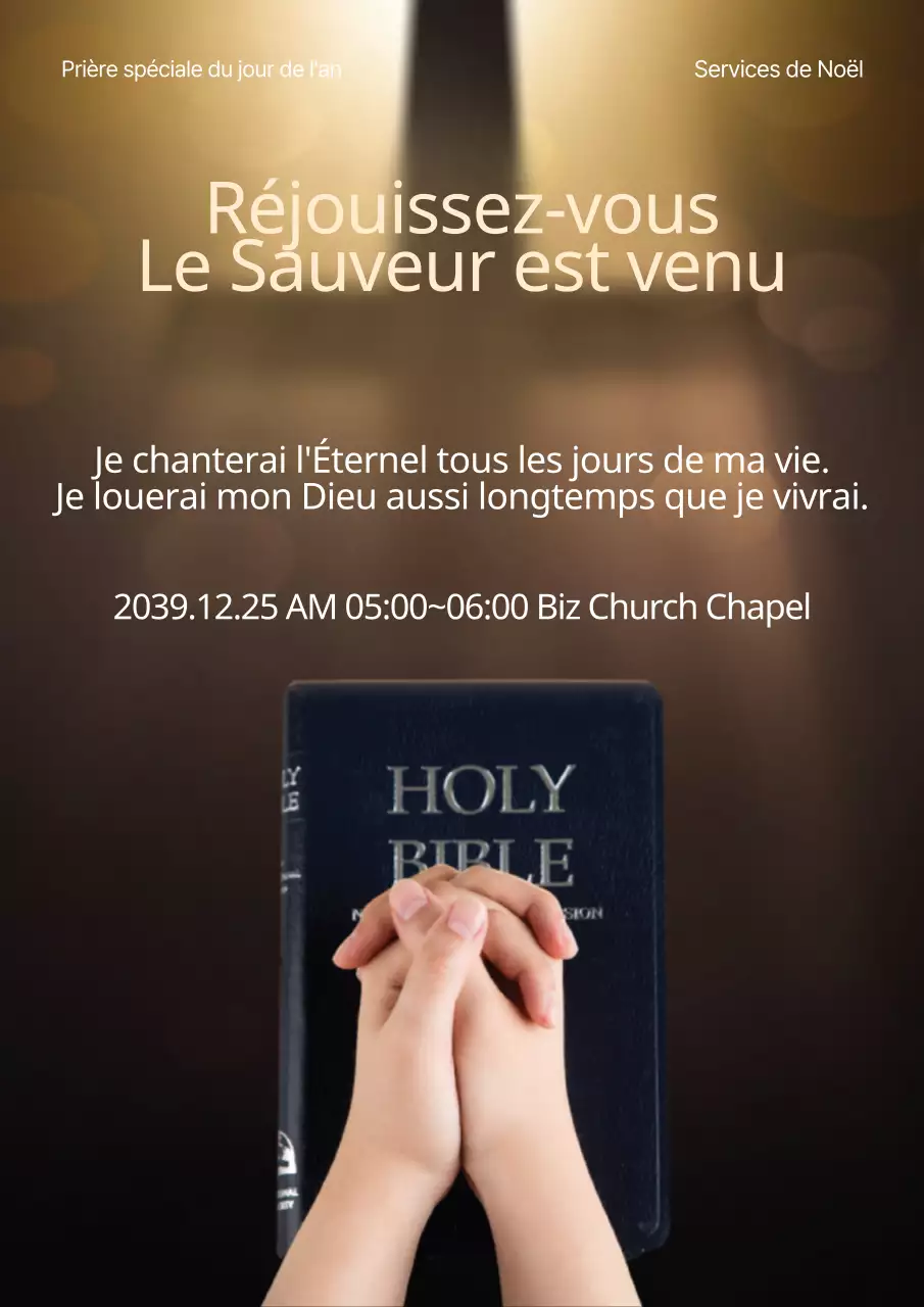 Promouvoir un service de Noël de grande classe avec des bibles jaunes et des photos de personnes en train de prier.