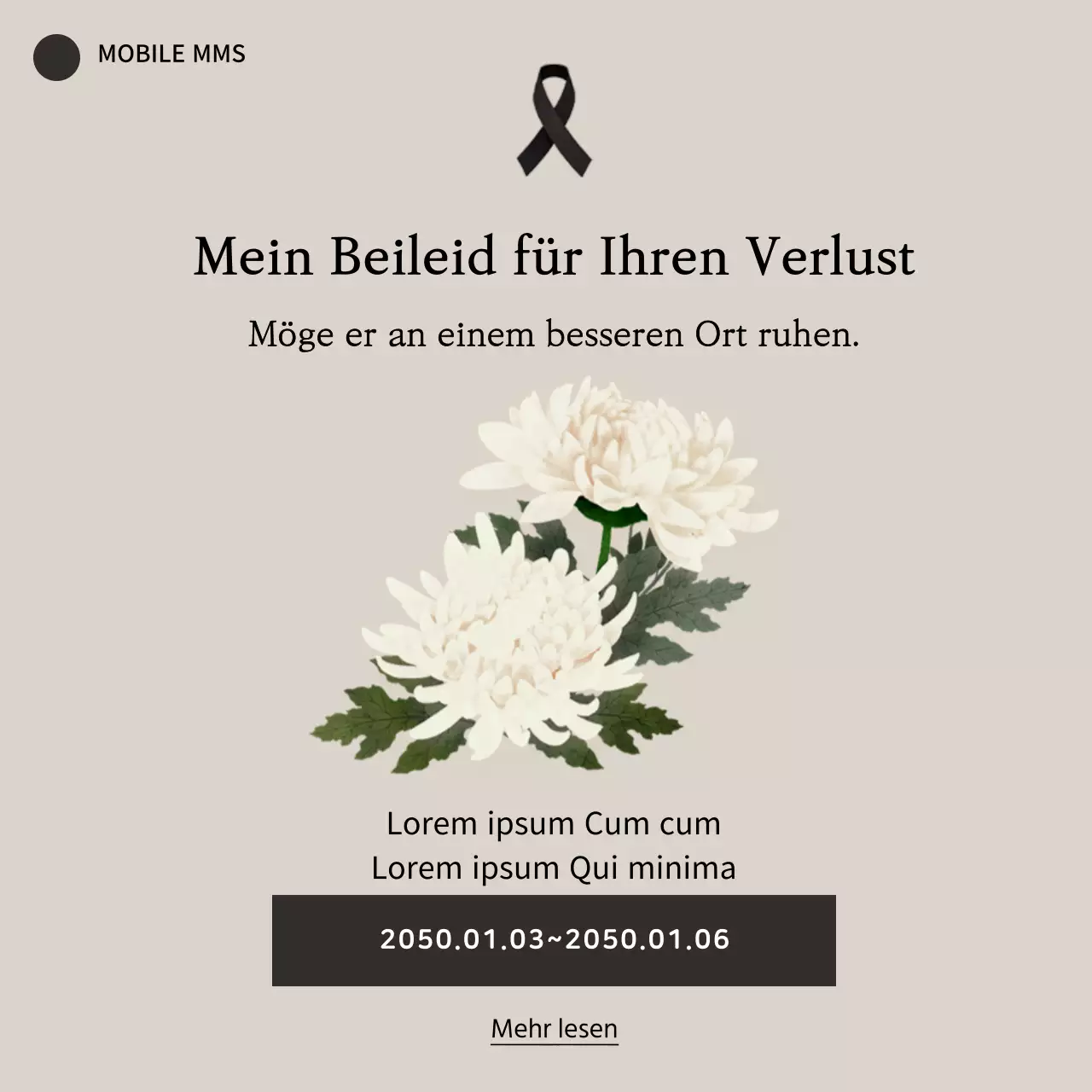 Kondolenz mobile Banner-Vorlage mit Chrysantheme Blumen und Band und Text Betonung