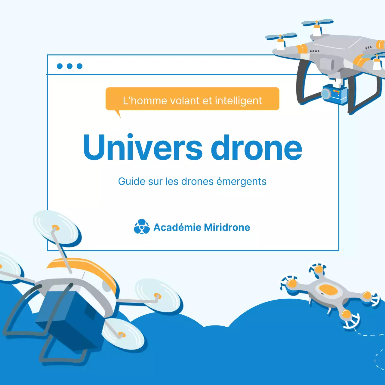 World of Drones CardNews Design dans une ambiance bleue et blanche