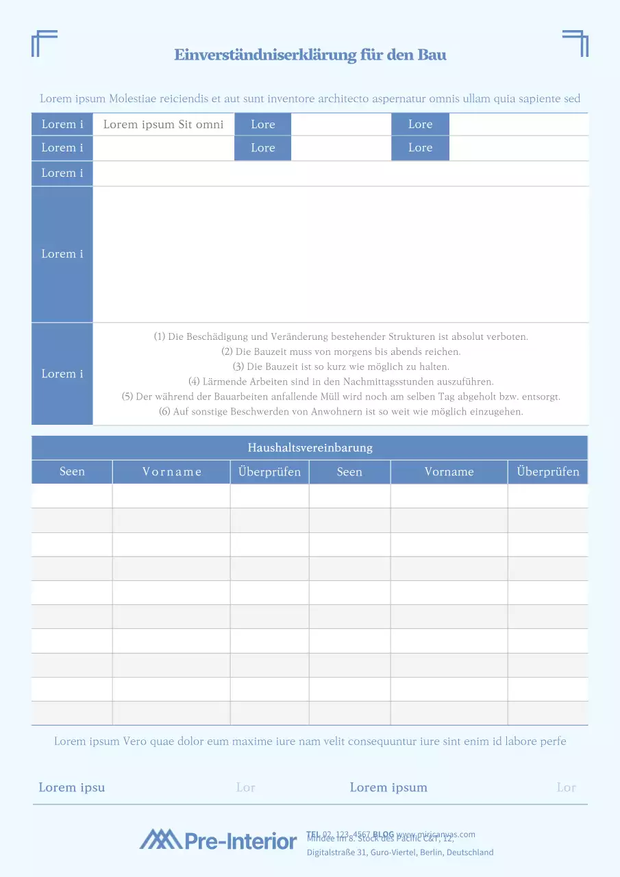 Einverständniserklärung der Bewohner für den Innenausbau in einer beruhigenden blauen Farbe