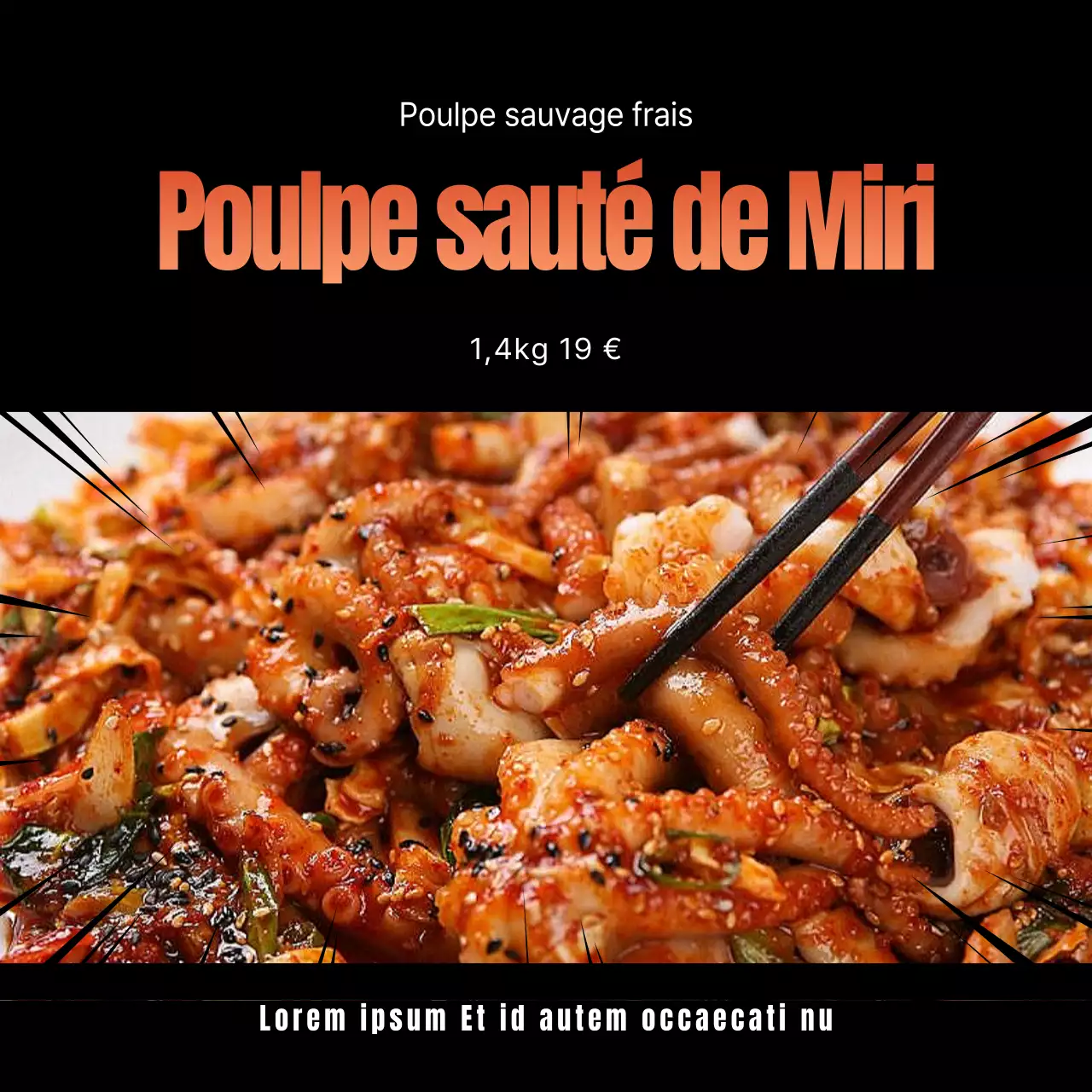 Menu de sauté de pieuvre sur les médias sociaux, carré sur fond noir