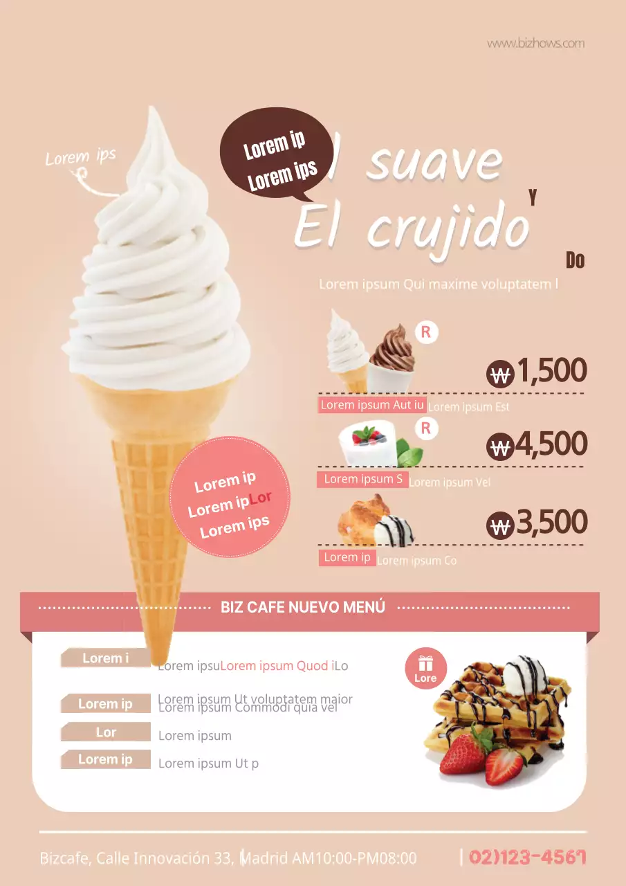 Cartel de restaurante con fotos de helados marrones y beige