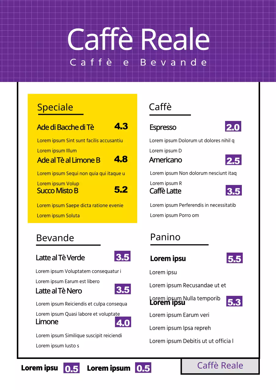 Menu del caffè bianco viola per bevande