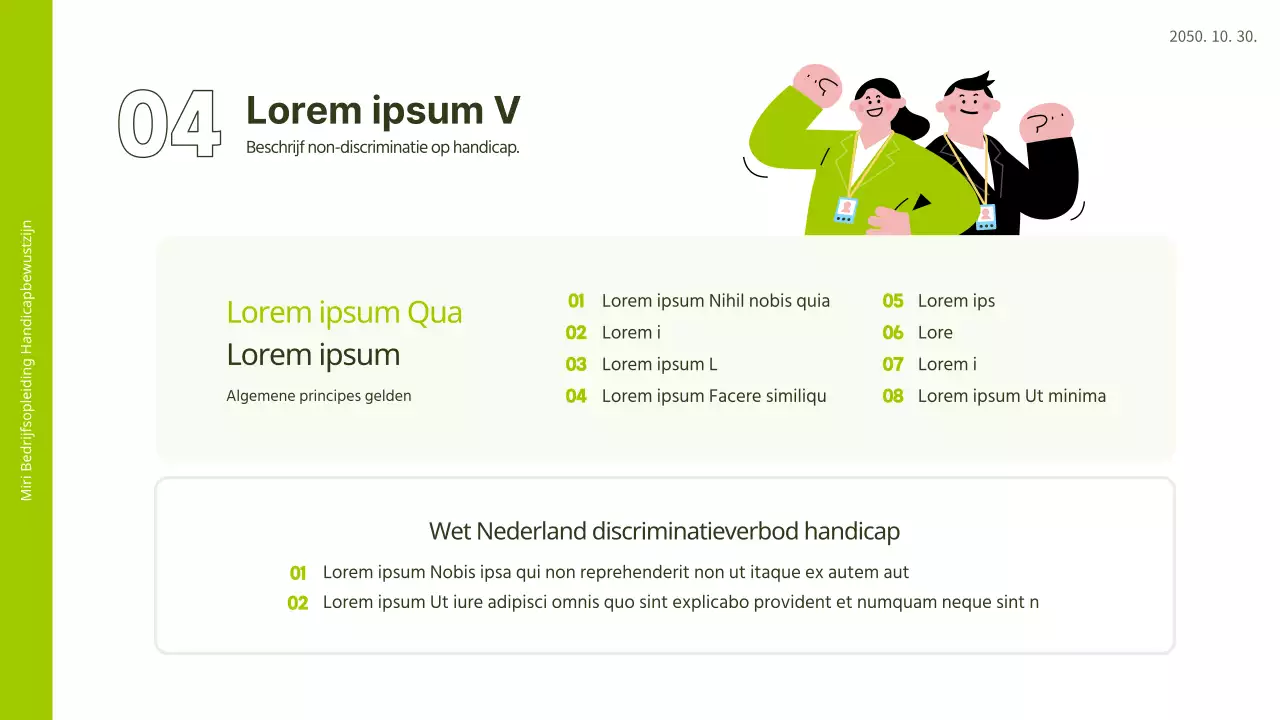 Witte en limoengroene illustratie voelt training over bewustzijn van invaliditeit PPT op de werkplek