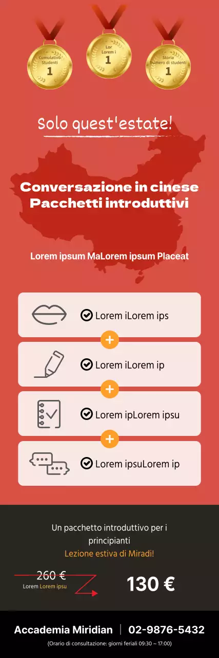 X-banner per una scuola che promuove un pacchetto introduttivo di conversazione in cinese con un'illustrazione di mappa in rosso.