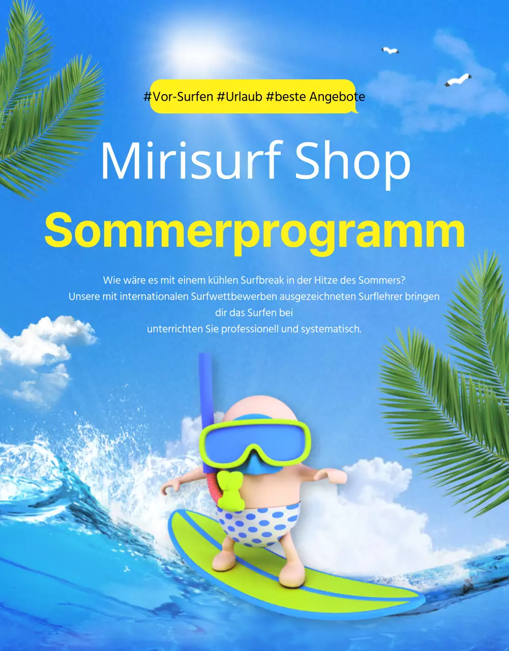 Surf-Details in Blau und Gelb