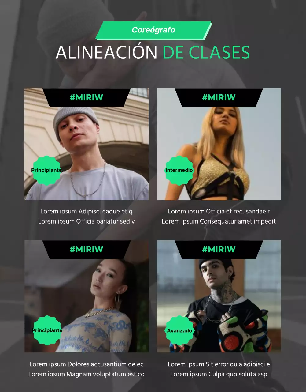 Detalles de la clase emergente de danza en colores negro y verde
