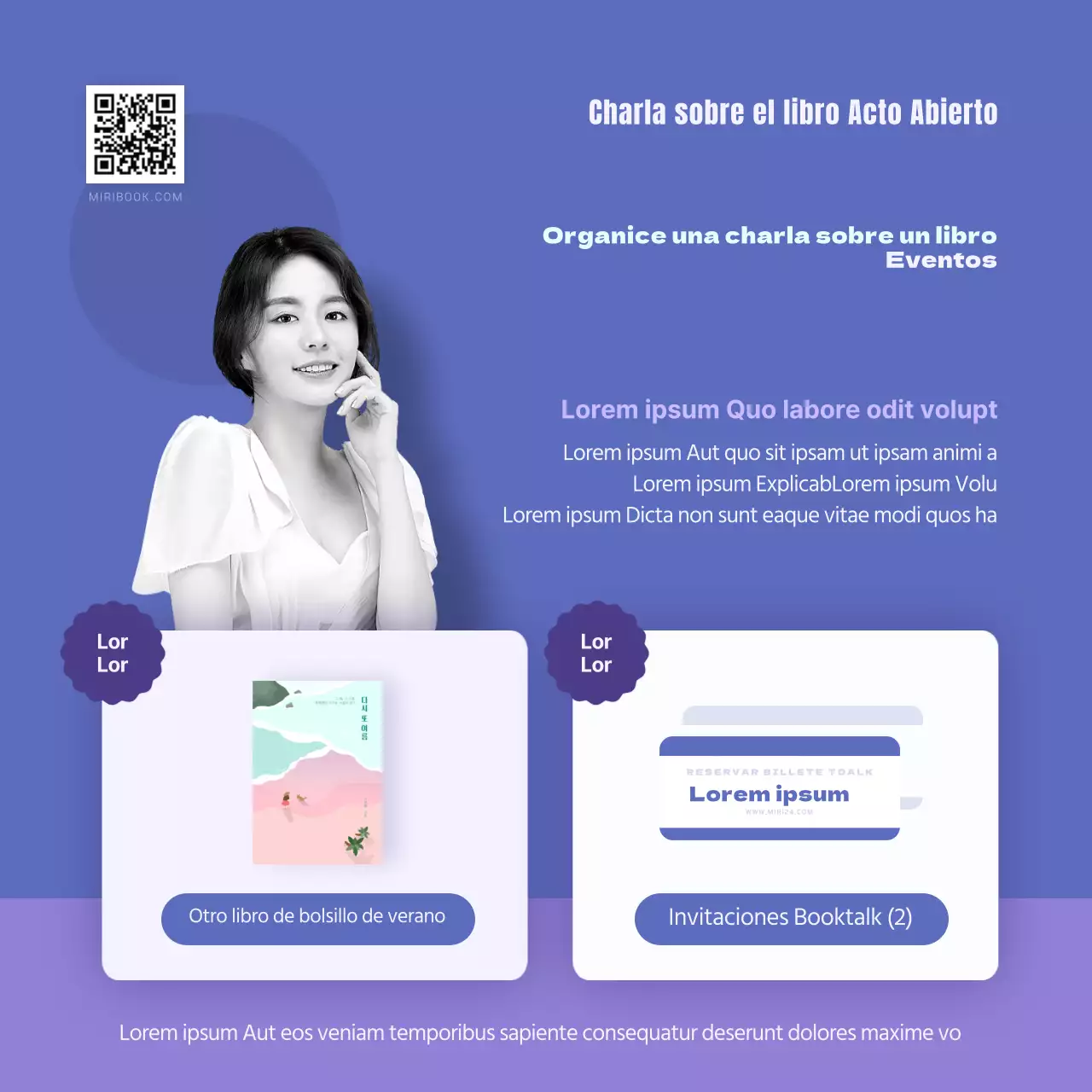 Tarjeta de concierto Booktalk en azul y moradoDiseño de noticias