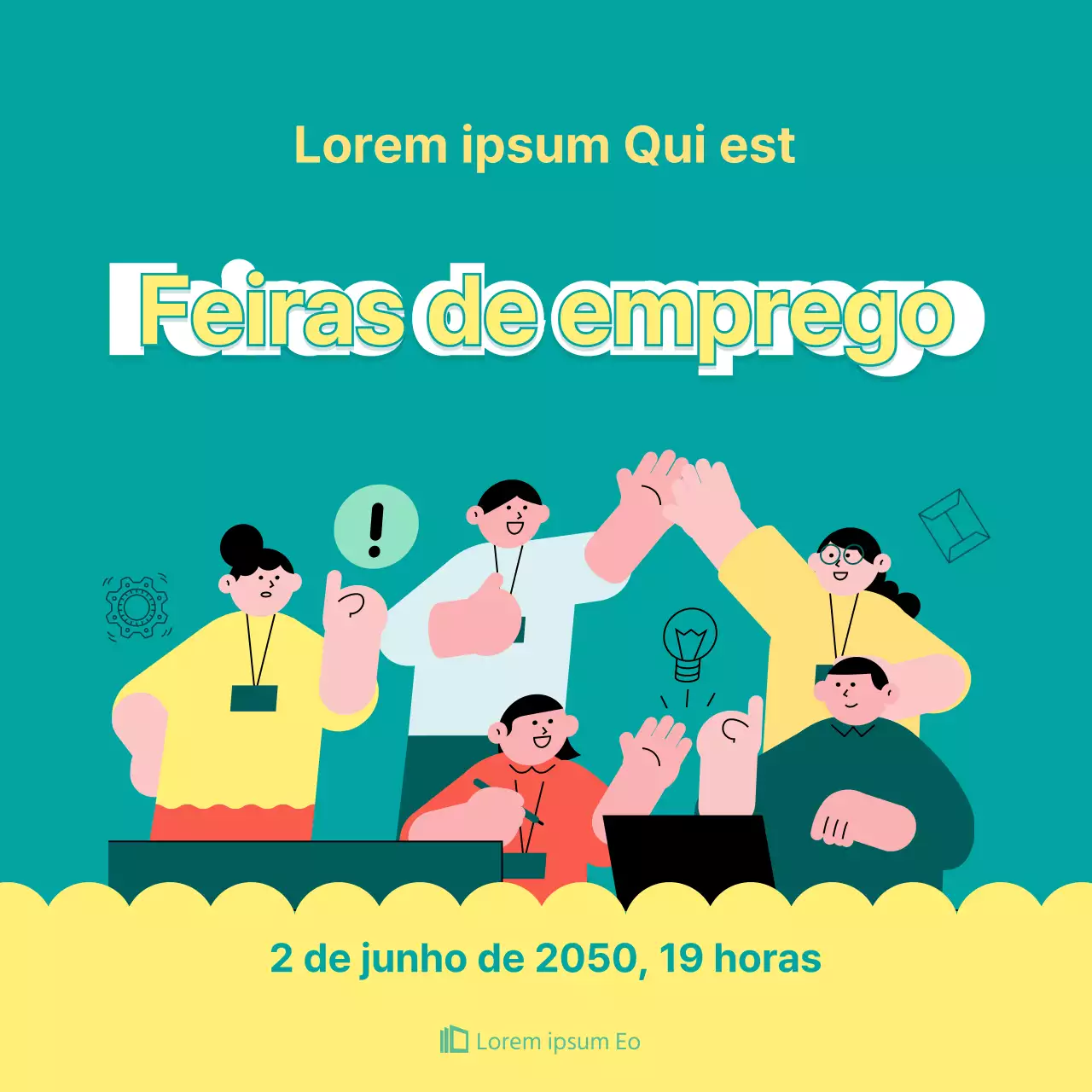 Feira de emprego ilustrada em amarelo e menta