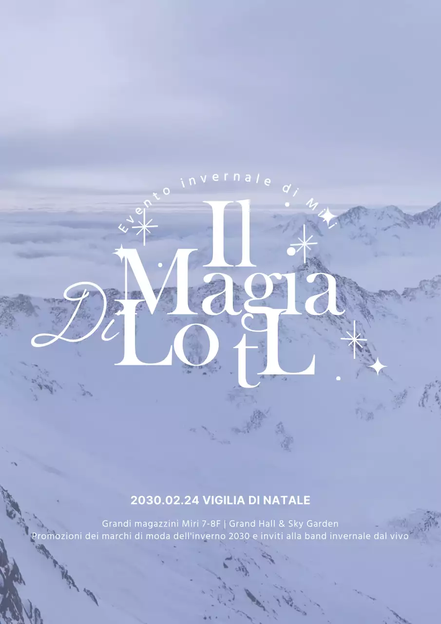 Poster verticale di montagna con neve invernale in bianco e azzurro