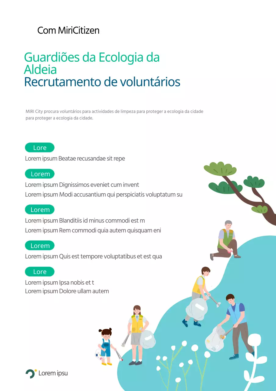 Recrutamento de eco-guardiões de aldeia com texto limpo a azul