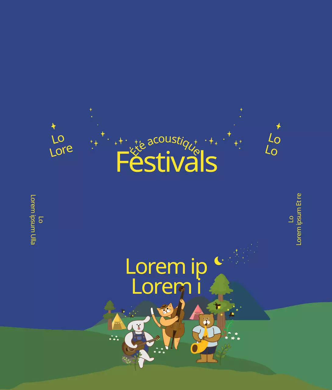 Illustrations d'animaux mignons aux couleurs du ciel nocturne Summer Acoustic Festival Guide des festivals