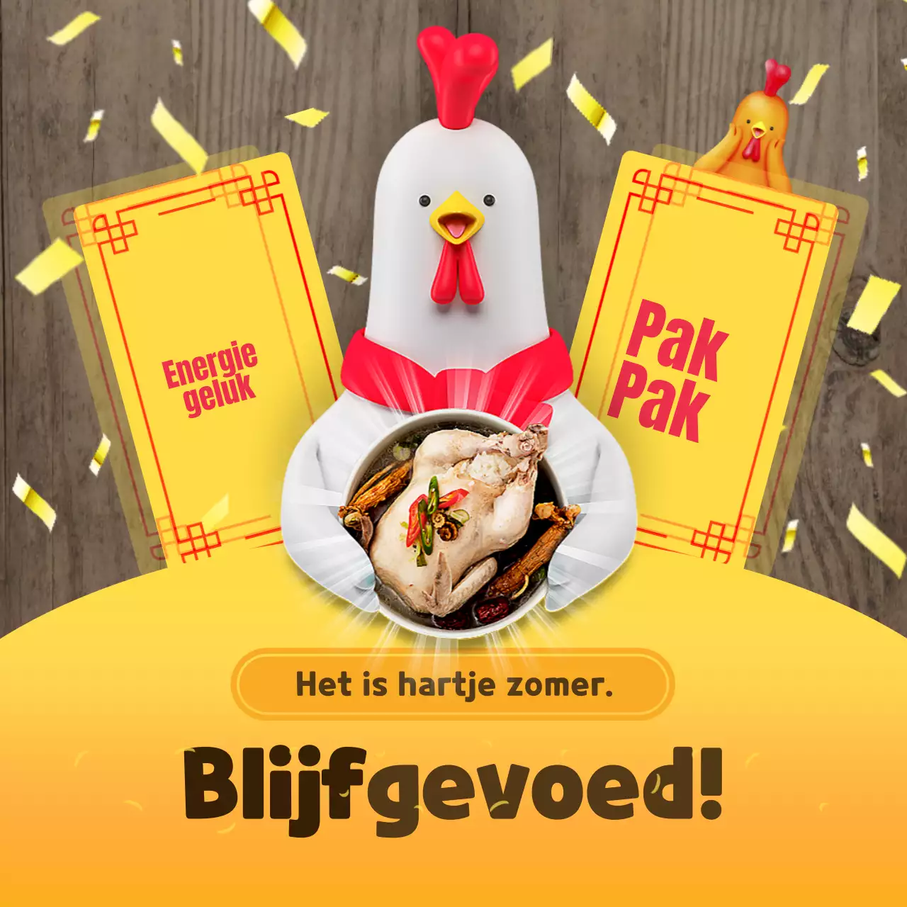 3D karakter Samgyetang thema met geel kleurrijk en vrolijk juichend concept