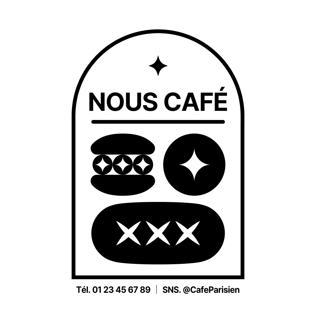 Icône de dessert et texte simple et propre en noir et blanc pour la promotion et l'information de votre café.