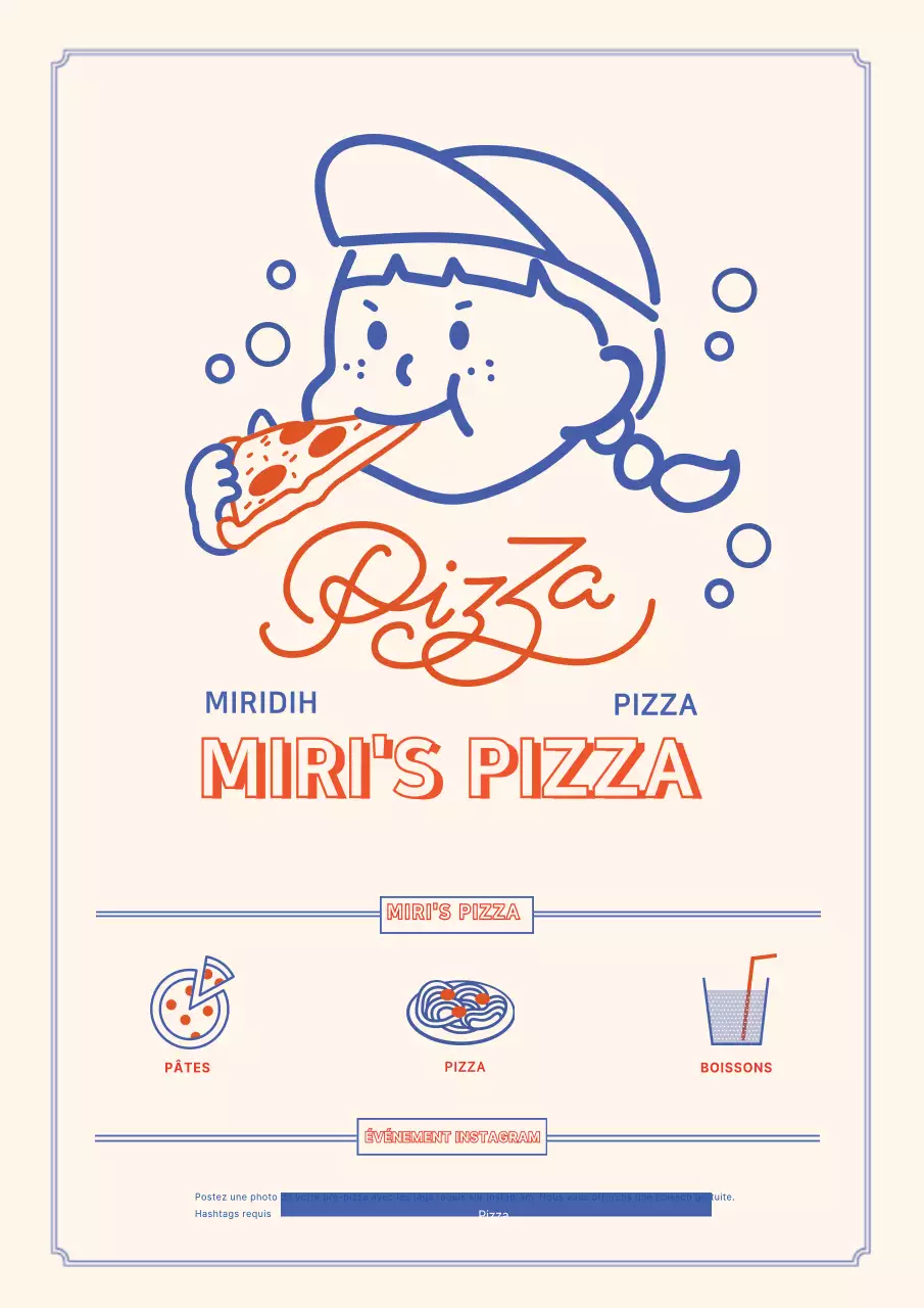 Illustration d'un mignon personnage bleu et rouge pour un flyer de pizzeria