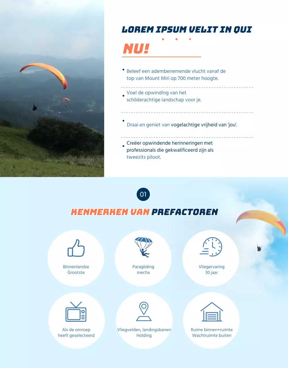 Detailpagina paragliding met oranje accenten in SkyConcept
