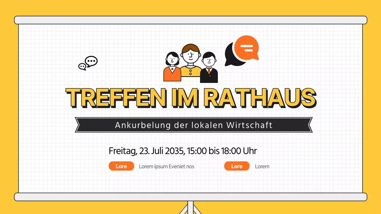 Diskussionspräsentation mit orangefarbener Illustration