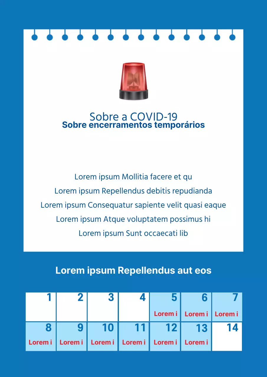 Anúncios de encerramento temporário com calendário azul e ilustrações de sirenes