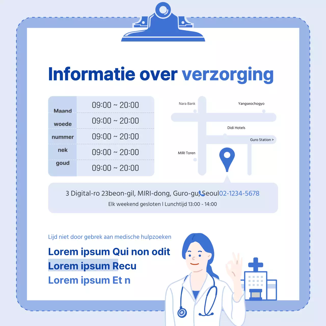 Blauw kleurenschema met heldere illustraties en een infografisch concept.
