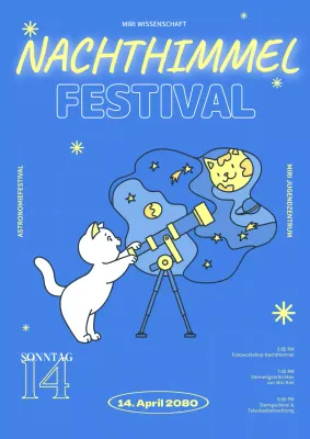 Ein Wissenschaftsfestival für Jugendliche mit einer niedlichen Illustration einer Katze, die auf blauem Hintergrund Sternbilder beobachtet.