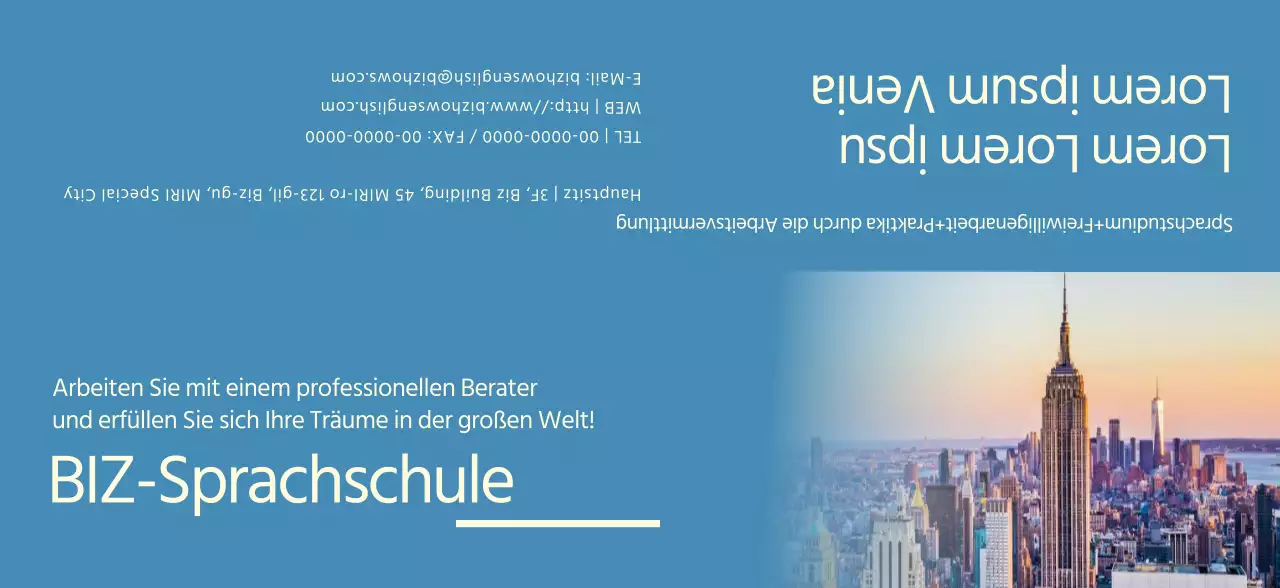 Werbung für eine Sprachschule mit blauen und gelben Fotos von fremden Landschaften