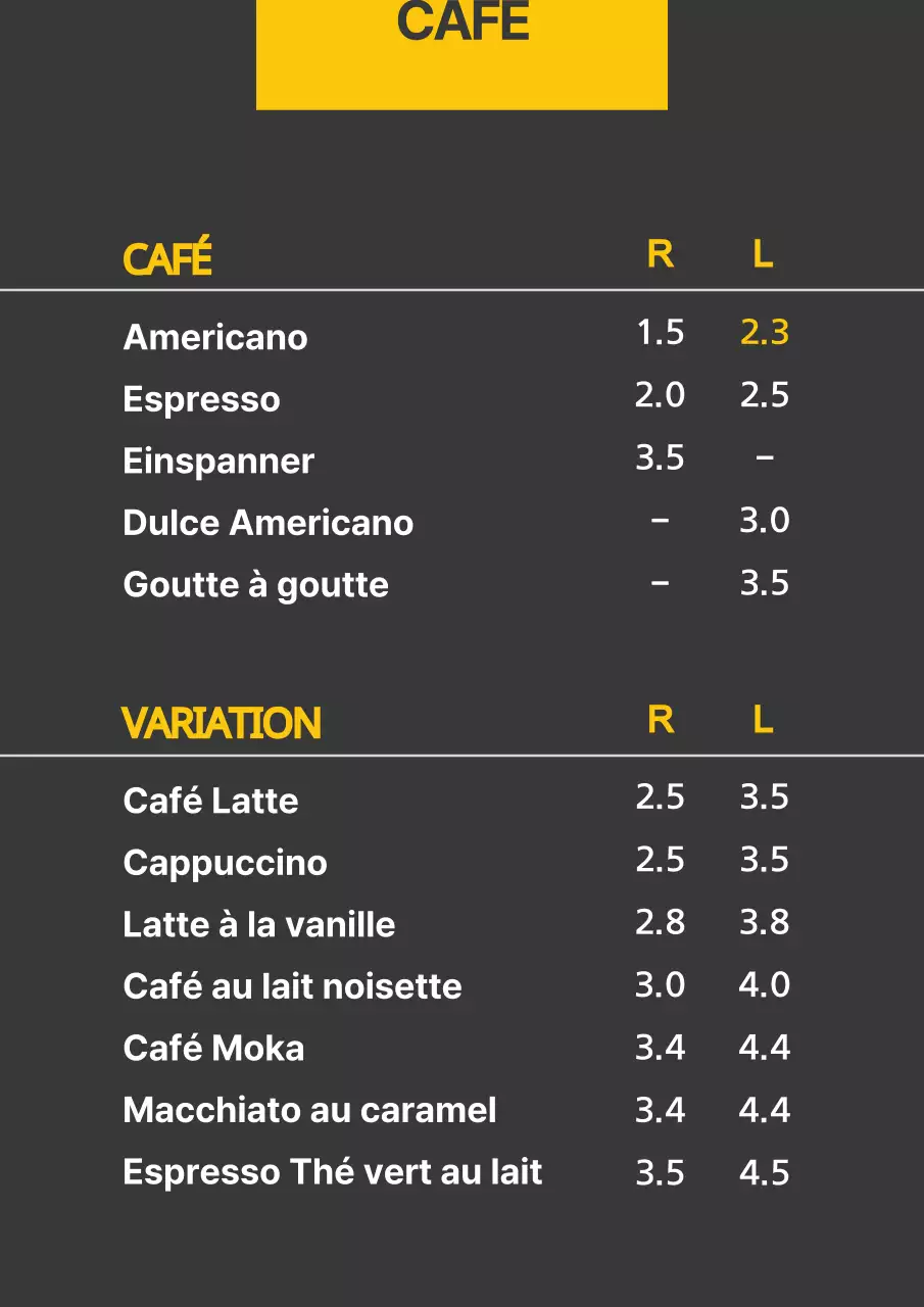Table de menu de boissons simple, jaune et noire
