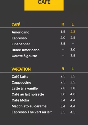 Table de menu de boissons simple, jaune et noire