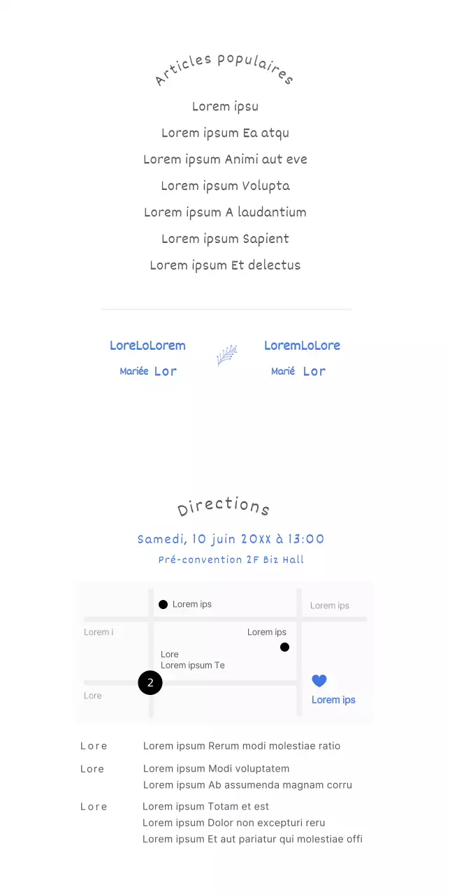 Invitation de mariage simple et mignonne avec l'illustration des mariés aux accents bleus