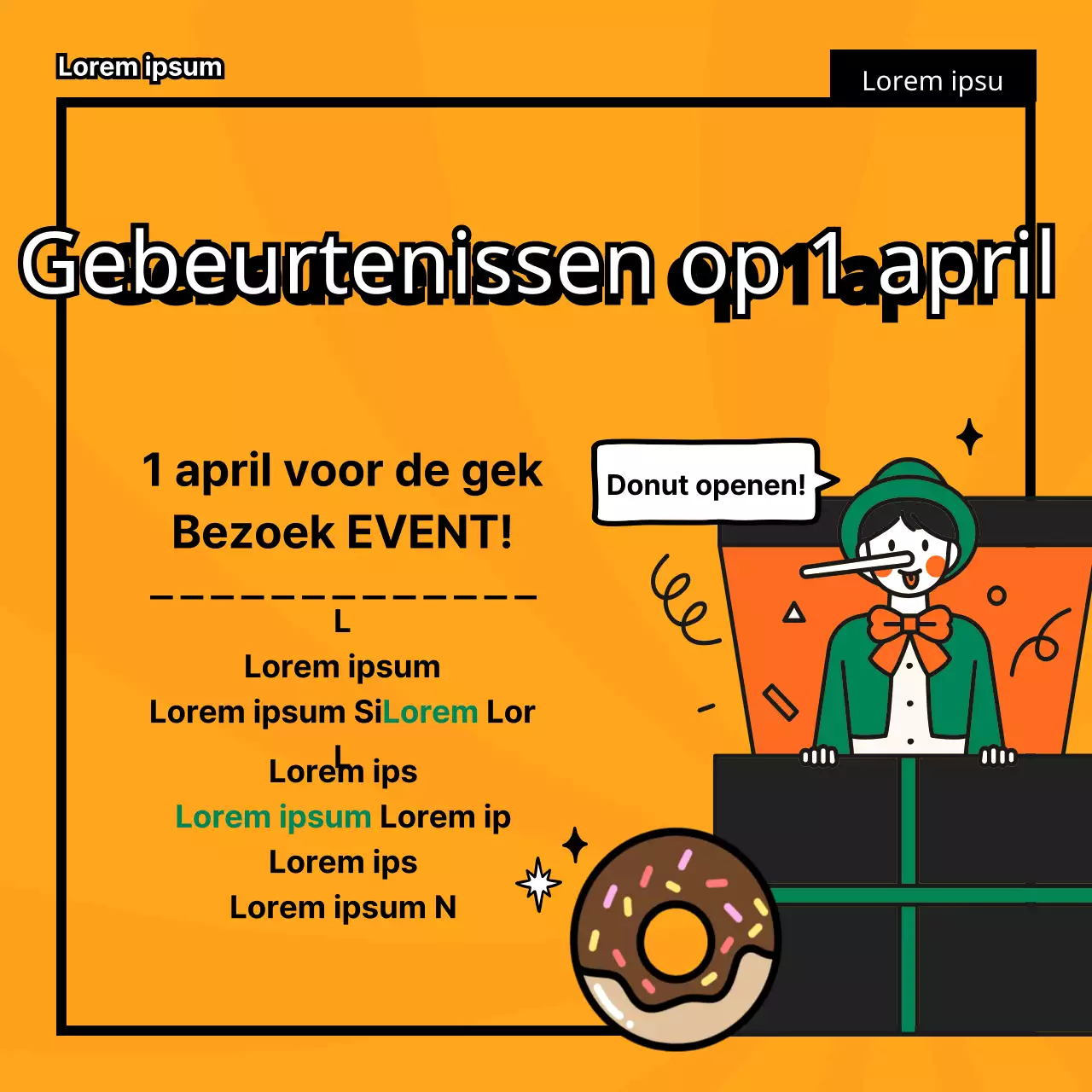 April Fools' Day ligt TMI in een schattige, leuke, platte, eenvoudige Pinokkio-illustratie in groen en oranje.