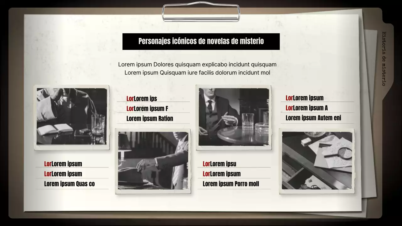 Analizar las novelas de misterio con fondo negro y archivadores marrones