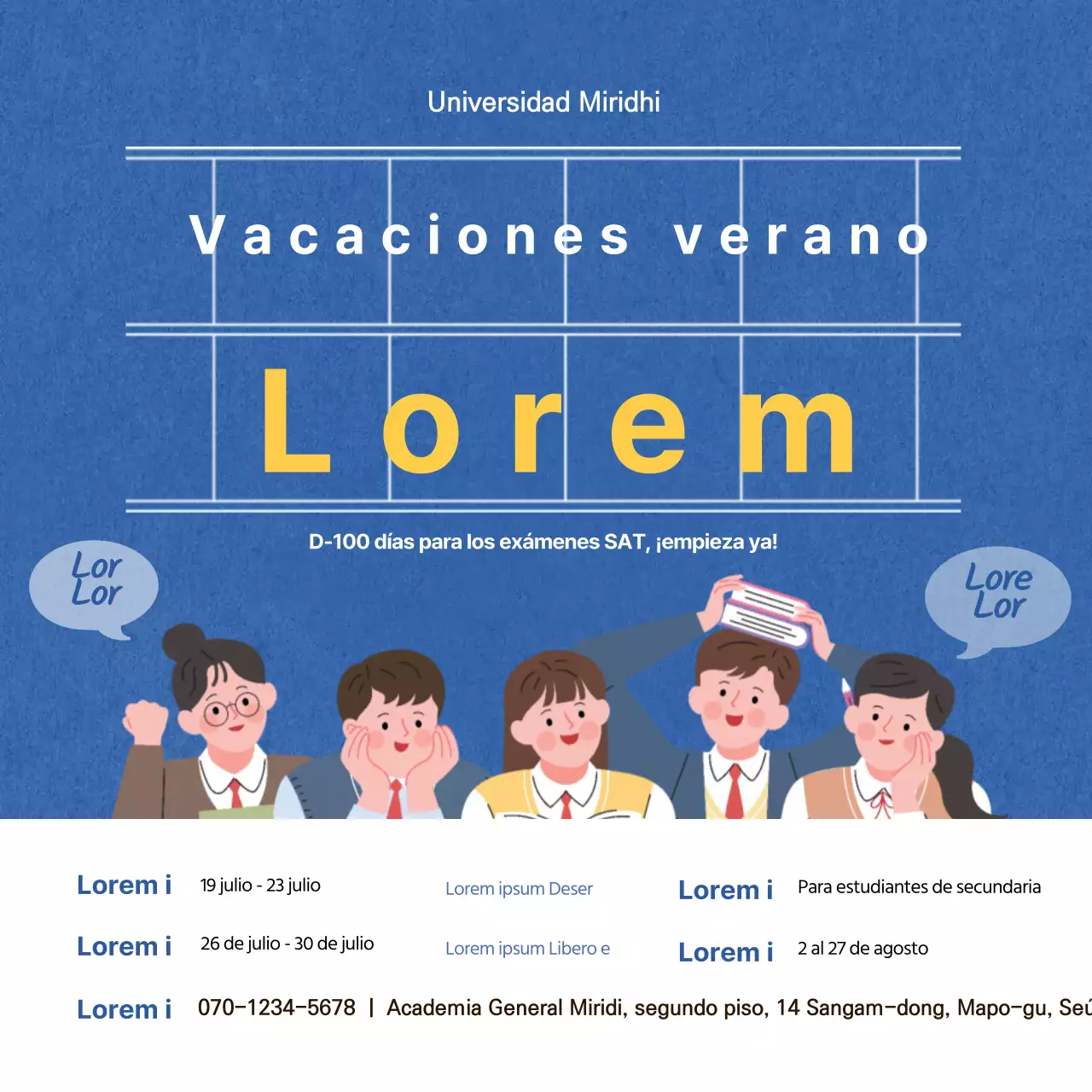 Una pancarta cuadrada con una ilustración azul para promocionar una escuela de verano para los exámenes SAT.