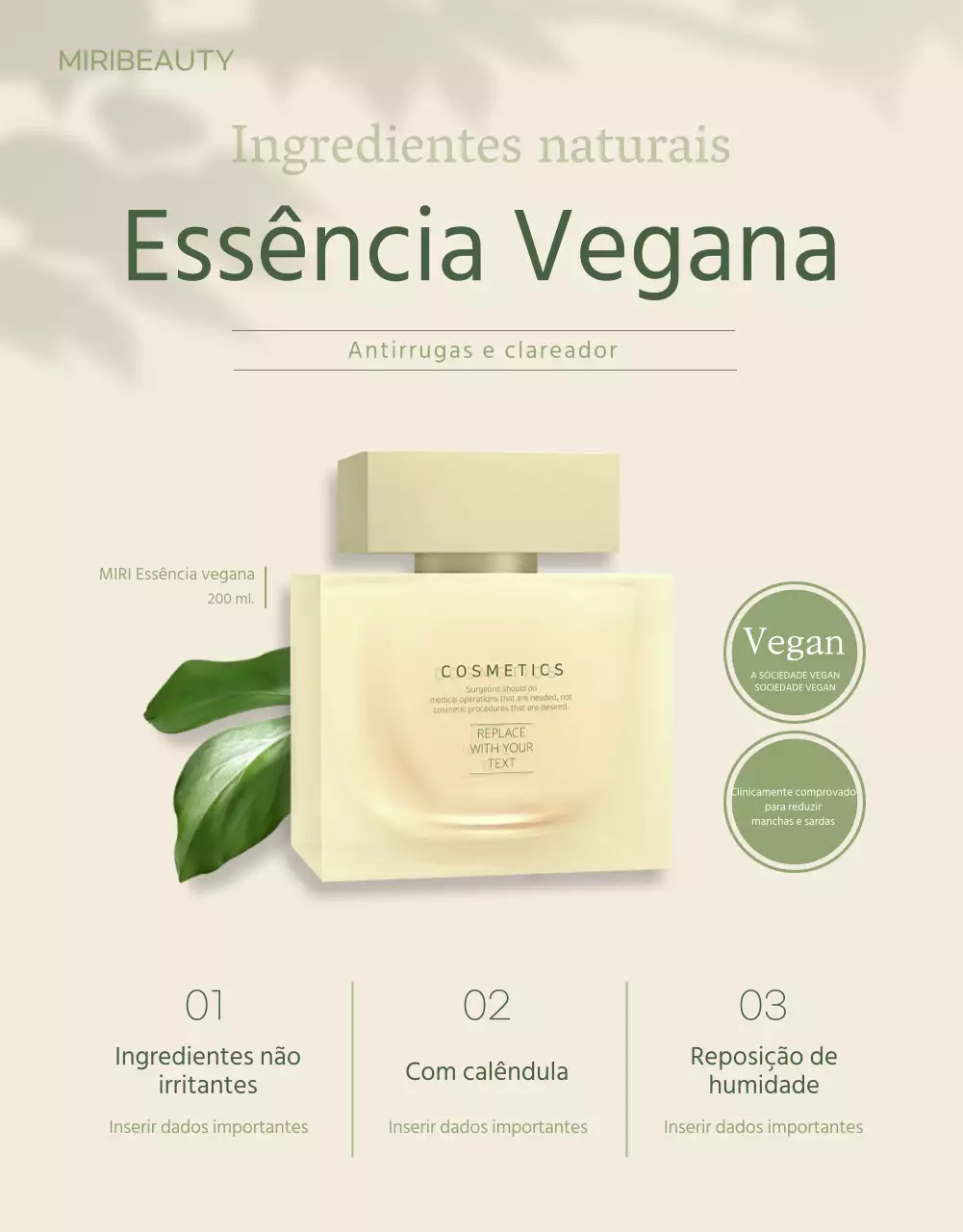 Cosméticos veganos em verde marfim página de pormenor