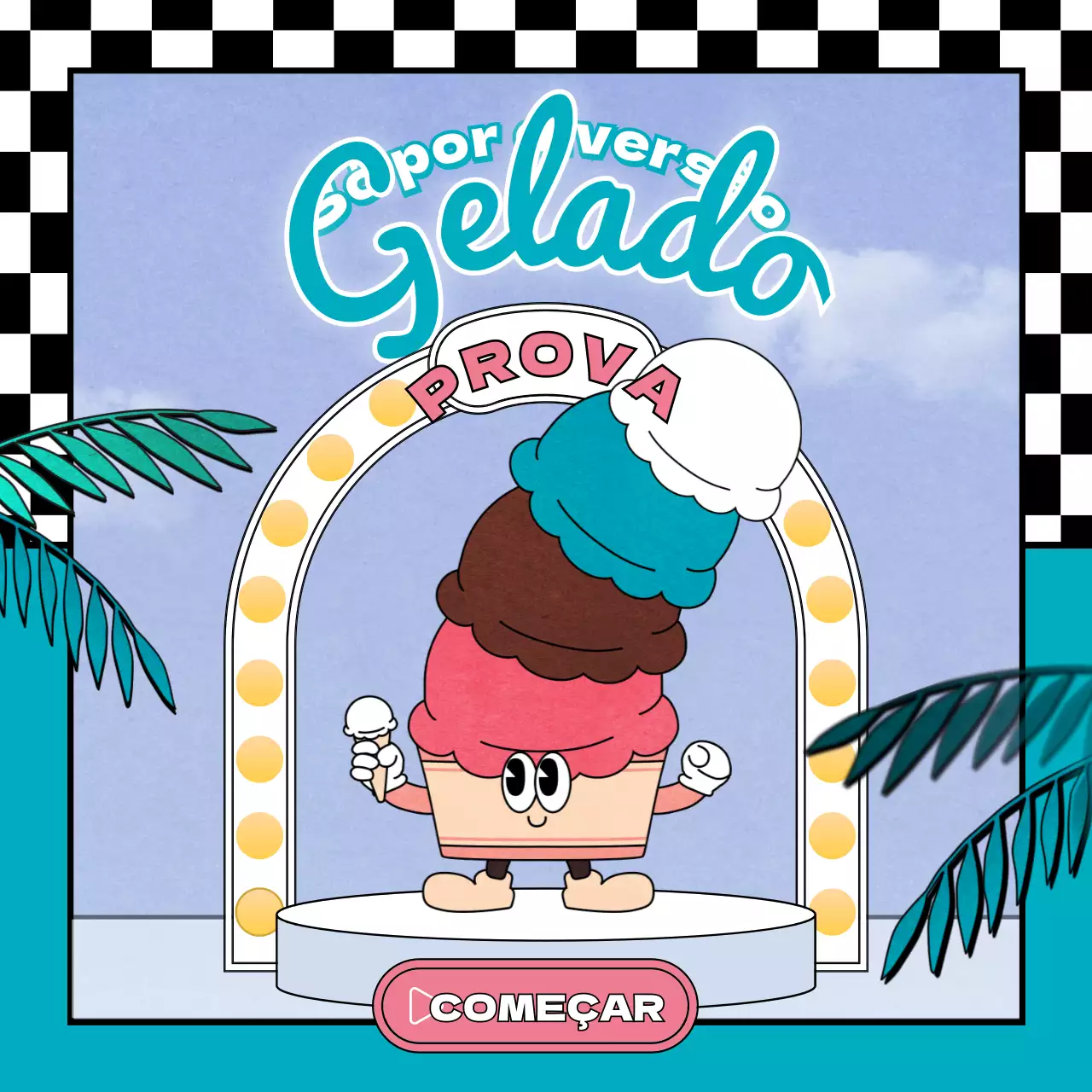 Personagem retro e gira, estilo ilustração, de gelado, cor-de-rosa e chocolate com menta