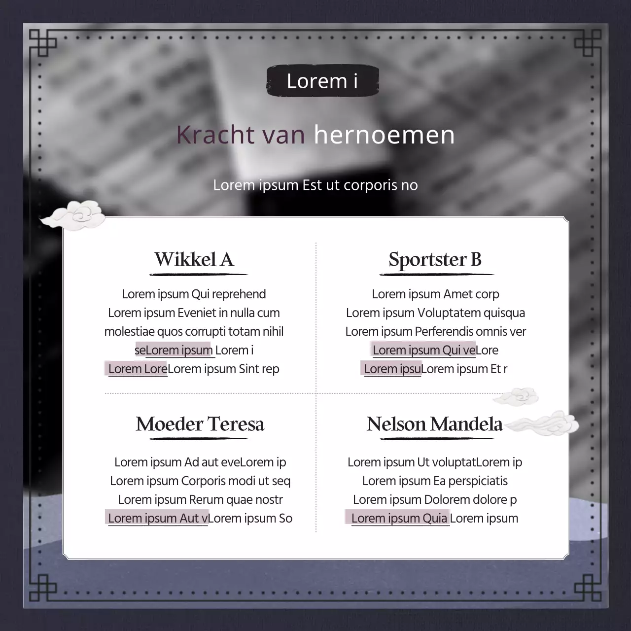 Traditionele en klassieke nomenclatuur in marineblauw en zwart