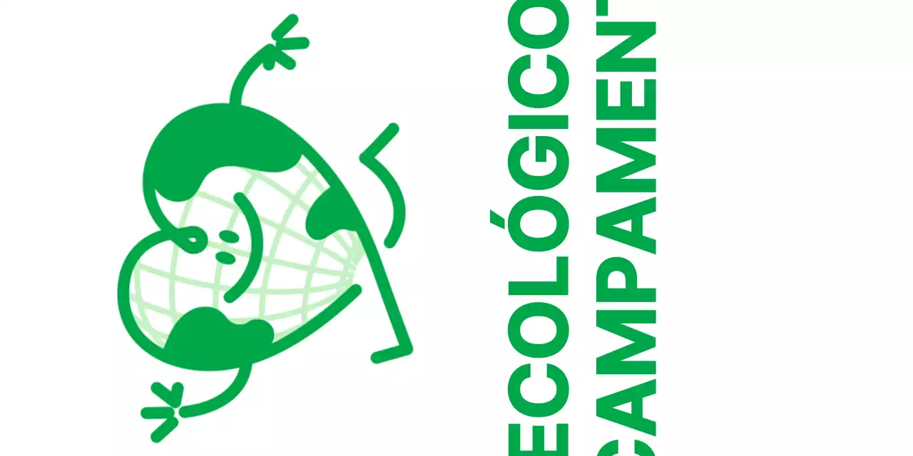 Promova um acampamento amigo do ambiente com uma bonita personagem da terra em forma de coração, em verde.