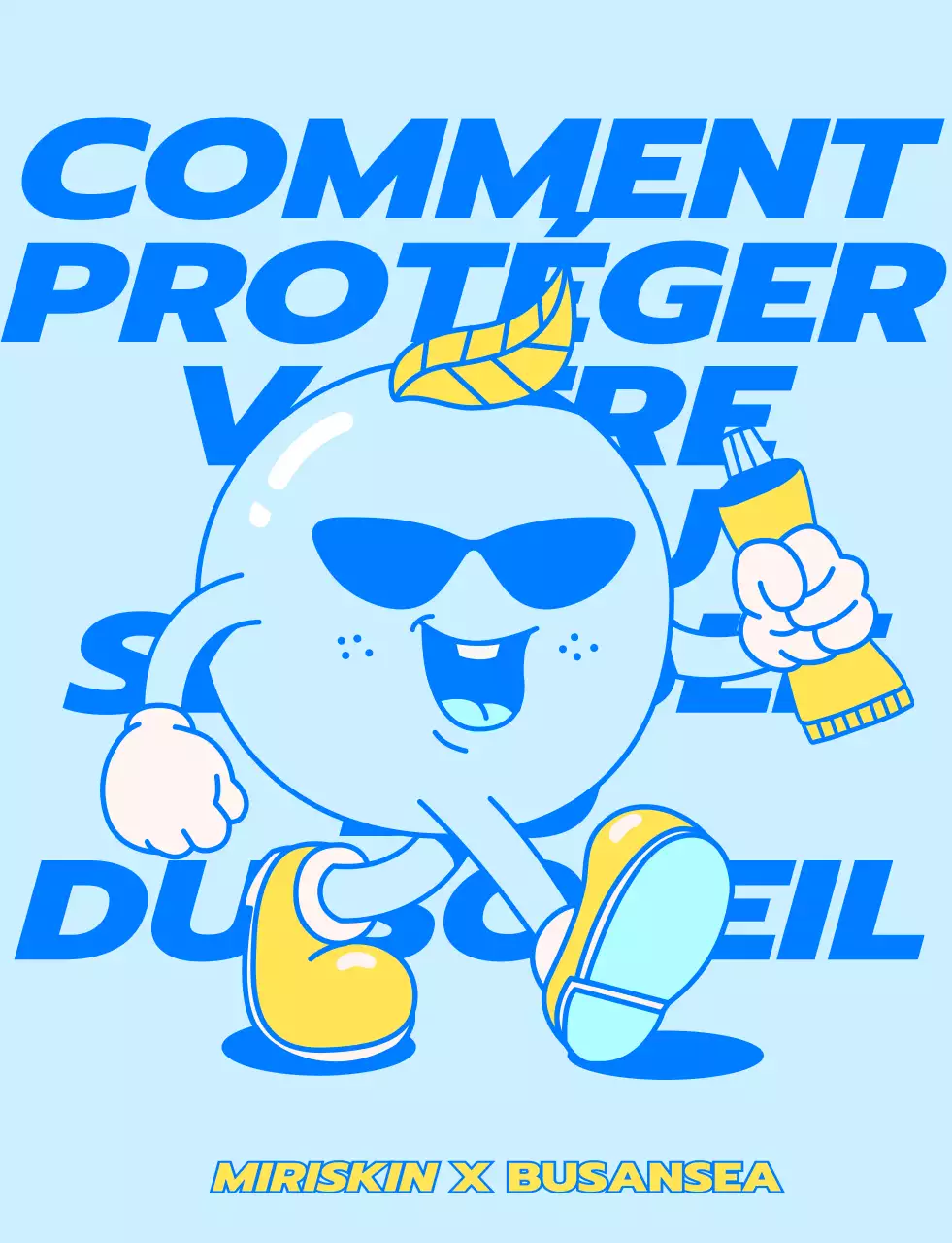 Design pour le personnel d'un magasin pop-up d'une société de cosmétiques, avec des personnages bleus et jaunes qui marchent.