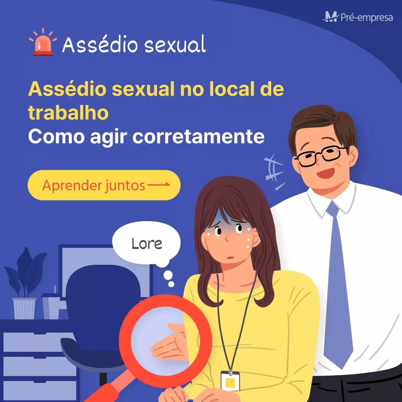 azul fundo amarelo vermelho ponto ilustração local de trabalho assédio sexual redes sociais