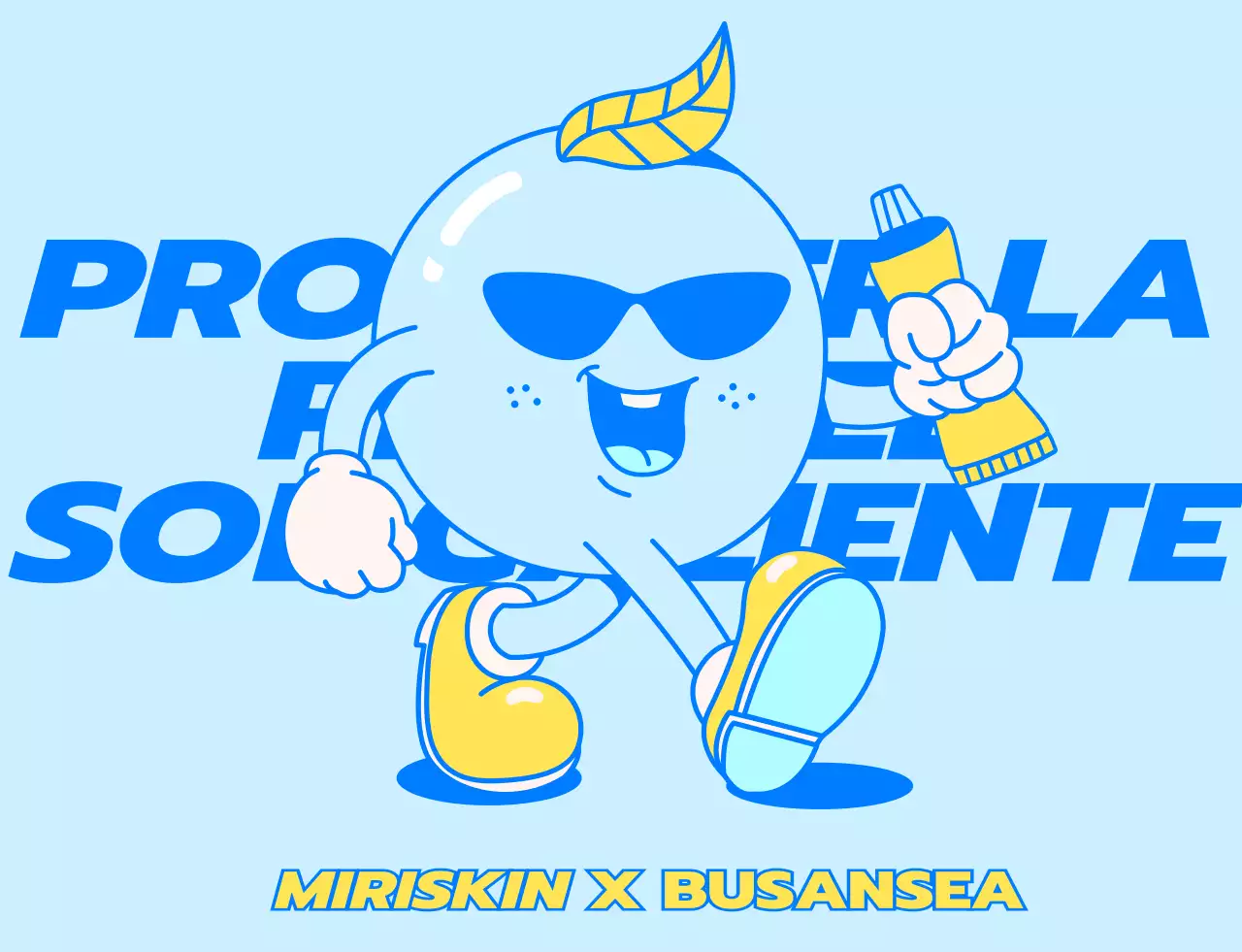 Diseño para personal de tienda pop-up de empresa de cosméticos con personajes andantes azules y amarillos