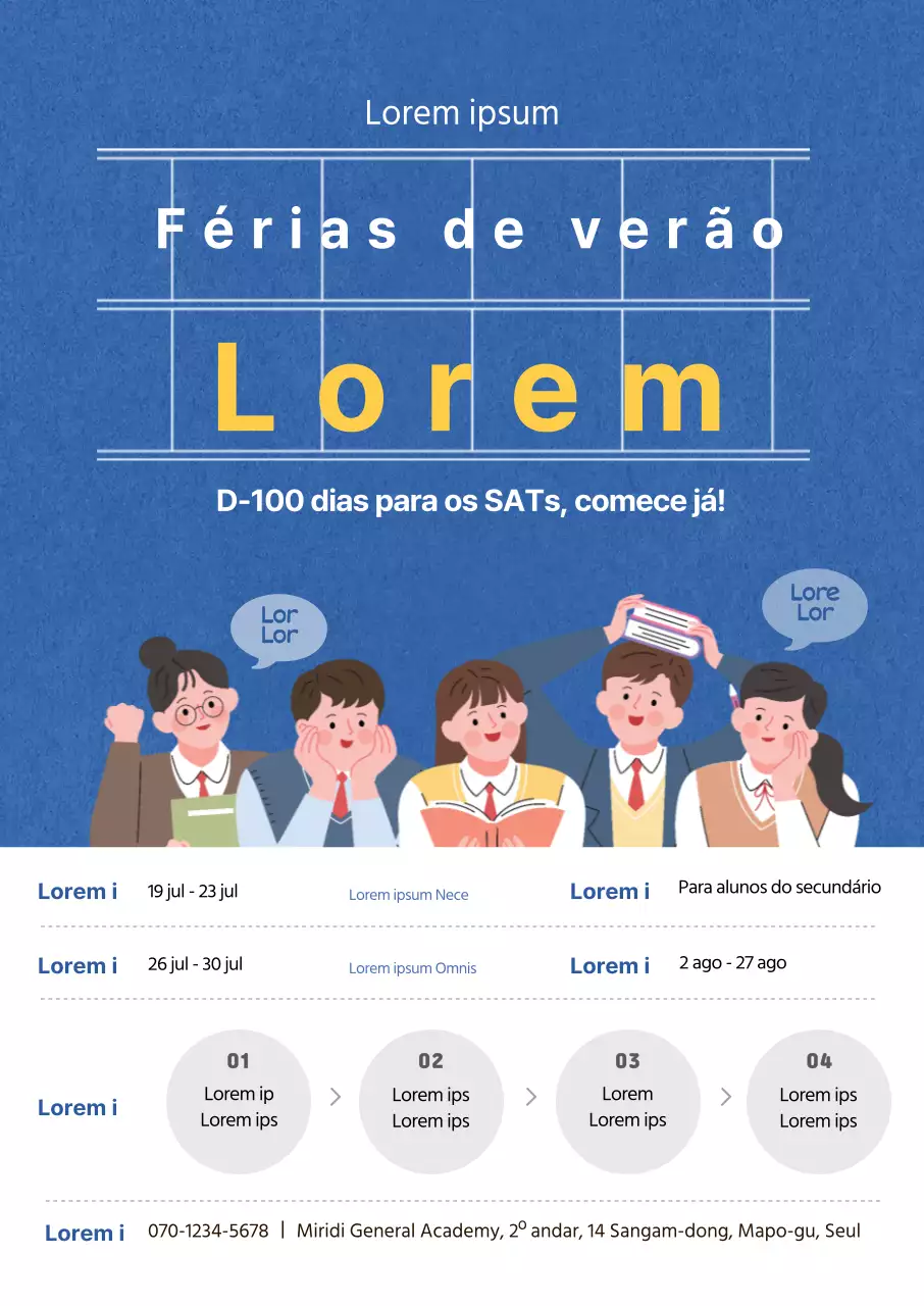 Cartaz vertical com ilustrações em tons de azul para promover a escola preparatória de verão para o SAT
