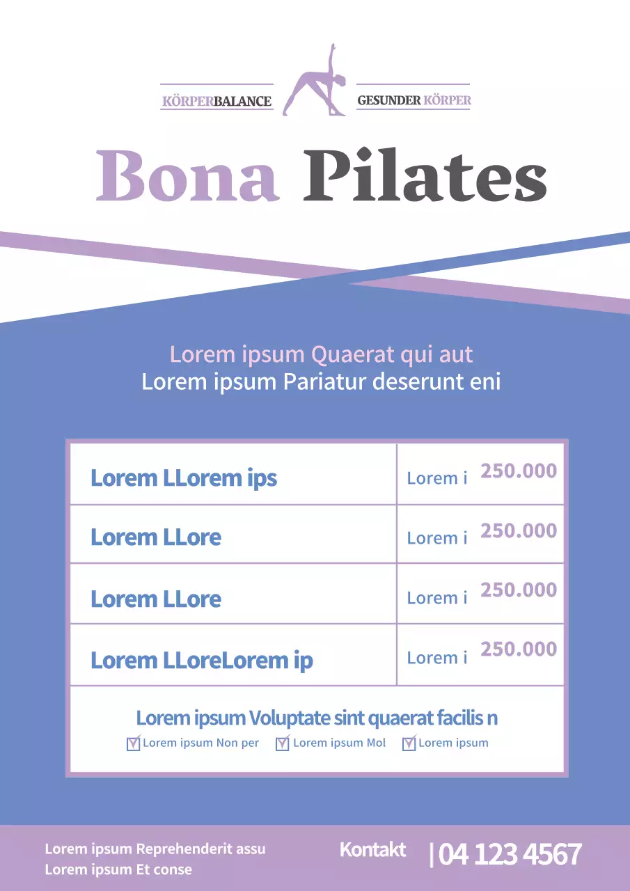 Förderung eines einfachen Pilates-Schulprogramms mit blauen und violetten Tischen