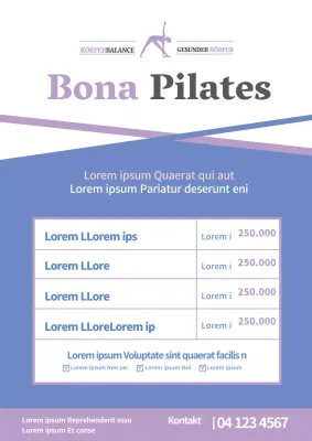 Förderung eines einfachen Pilates-Schulprogramms mit blauen und violetten Tischen