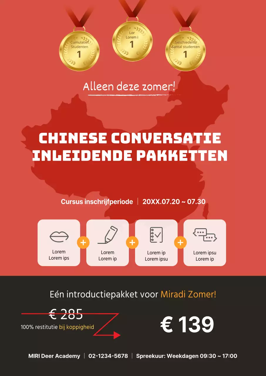 Portretposter voor een school ter promotie van een inleidend pakket Chinese conversatie met een kaartillustratie in rood.
