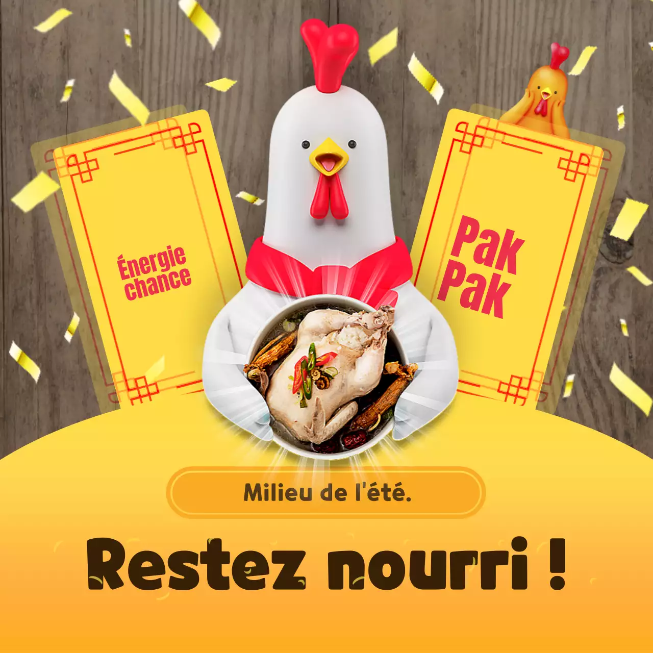 Thème du personnage 3D Samgyetang avec un concept d'encouragement jaune, coloré et joyeux