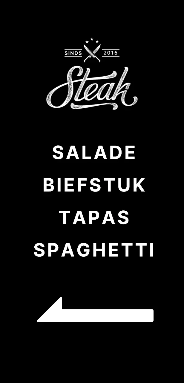 Restaurant banner met een afbeelding van een biefstuk op een zwarte achtergrond