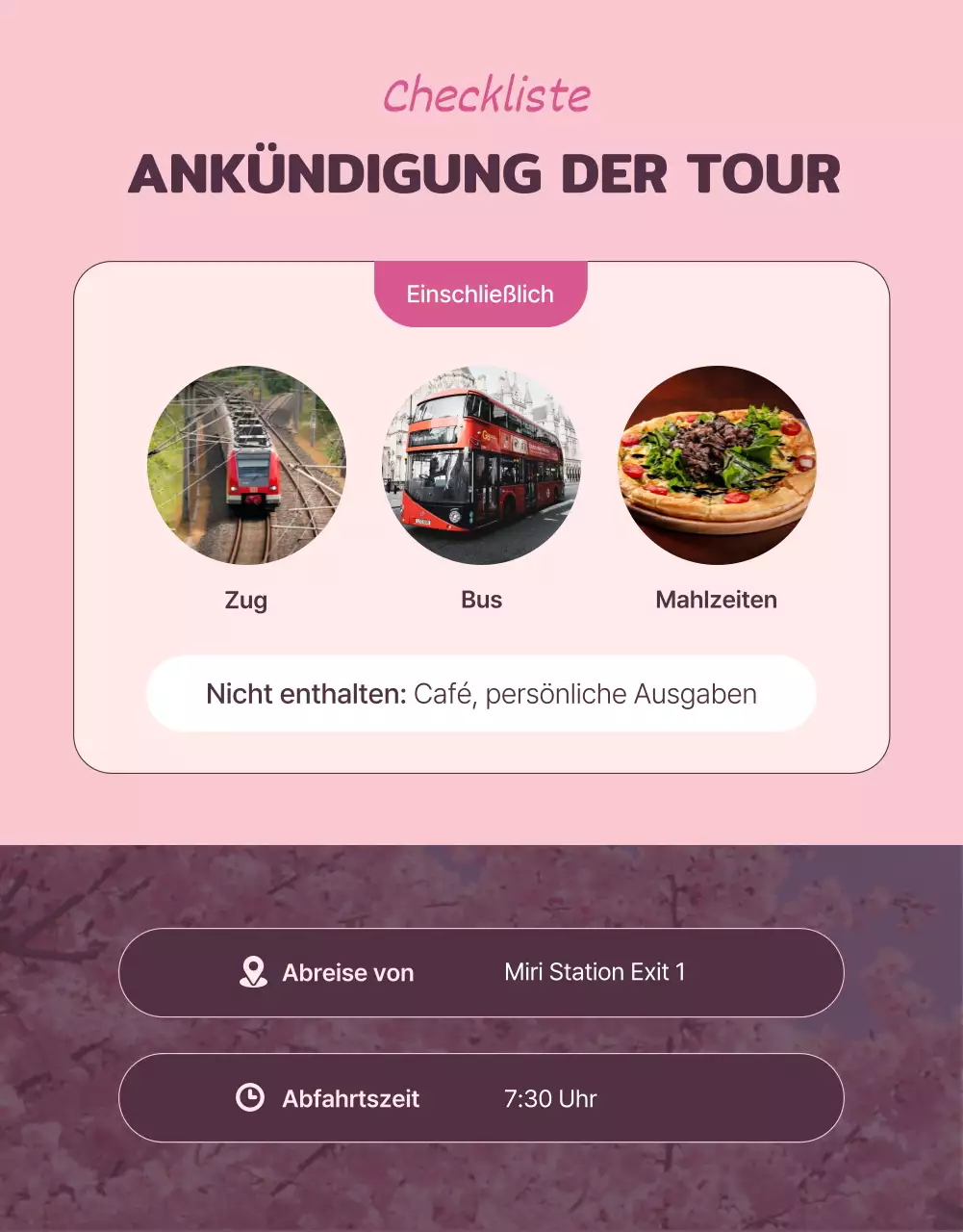 Hübsche Kirschblüten-Illustrationen in Pastellrosa zur Werbung für die Reise
