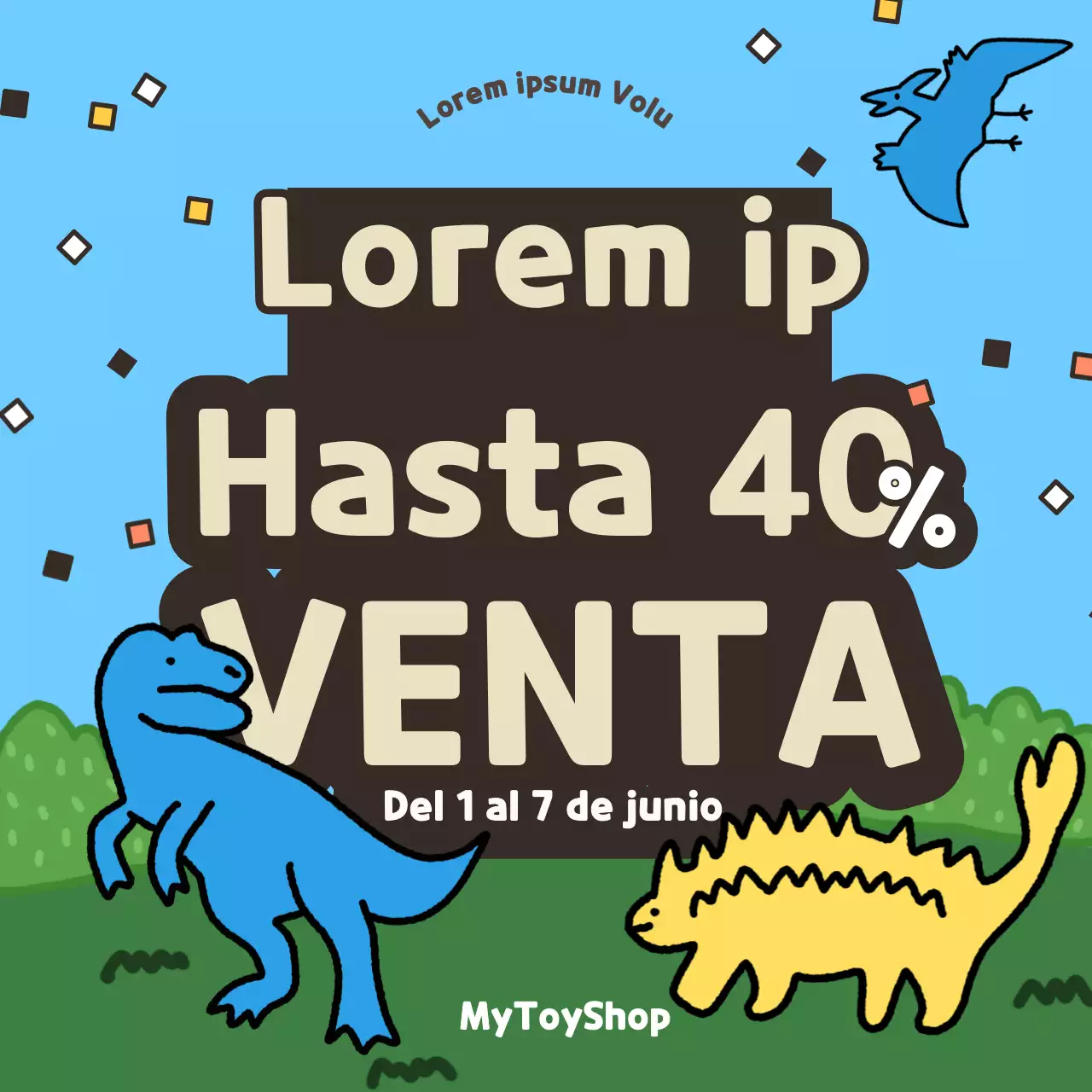 Evento de venta de juguetes del Día de los Dinosaurios con ilustraciones de dinosaurios coloridas y simpáticas en azul claro