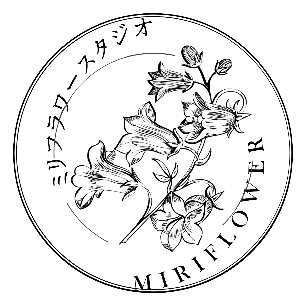 ブラックラインの花イラストのヴィンテージスタイルのバッジ型花屋さん